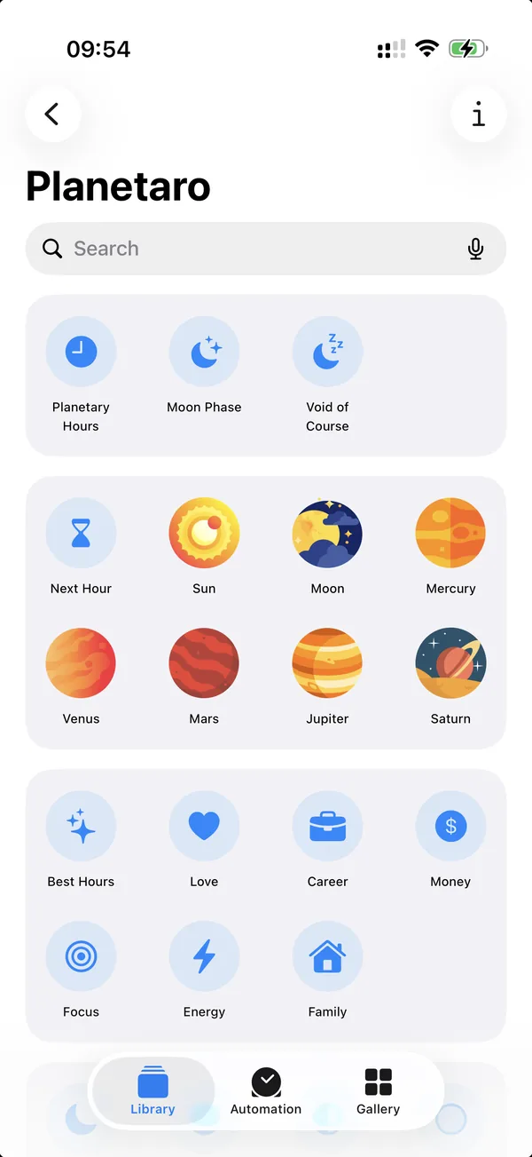 Planetaro actions in the Shortcuts app, with a coloured icon for each of the seven planets and the six activities