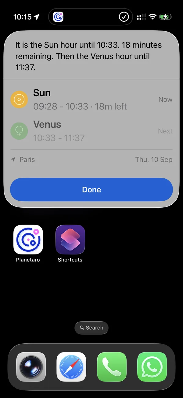 Siri answering the current planetary hour question with a Planetaro card showing the Sun hour marked Now, the Venus hour marked Next, and Paris in the footer