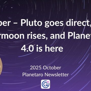Illustration of October 2025 Supermoon and Pluto direct, featured image for Planetaro newsletter.